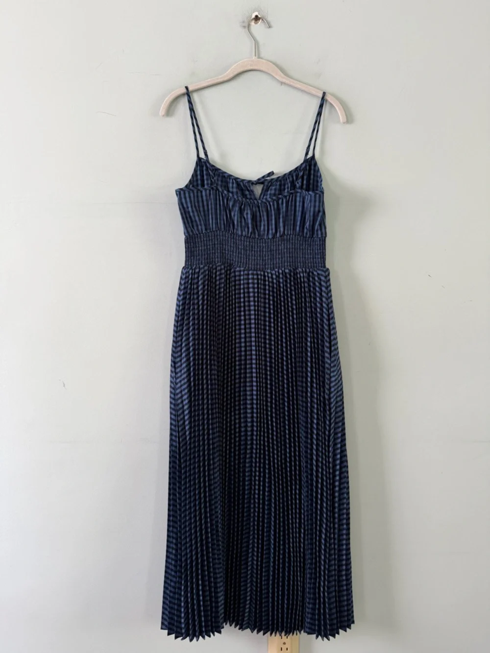NWT J. Crew Smocked Waist Gingham Blue Pleated Cottagecore Peasant Midi Dress - Picture 3 of 6